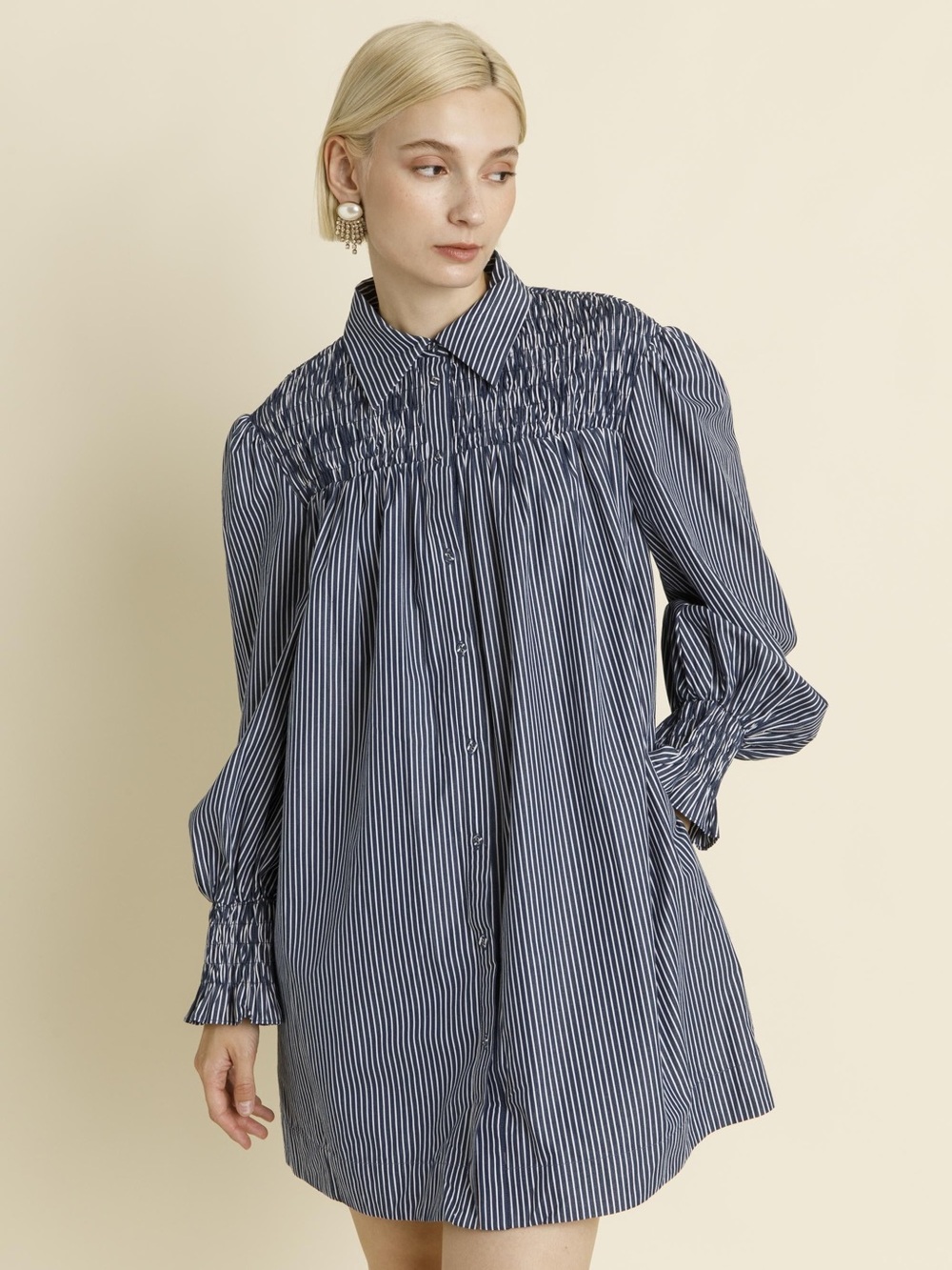 AUREUM Navy and White Striped Smocked Back Shirt Dress